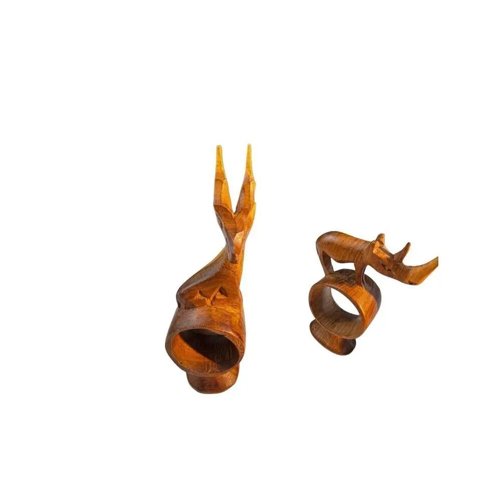 African hand Carved Teak Wood Napkin Rings, Set of 6
